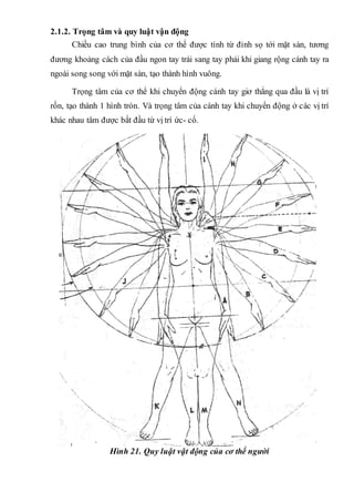 2.1.2. Trọng tâm và quy luật vận động
Chiều cao trung bình của cơ thể được tính từ đỉnh sọ tới mặt sàn, tương
đương khoảng cách của đầu ngon tay trái sang tay phải khi giang rộng cánh tay ra
ngoài song song với mặt sàn, tạo thành hình vuông.
Trọng tâm của cơ thể khi chuyển động cánh tay giơ thẳng qua đầu là vị trí
rốn, tạo thành 1 hình tròn. Và trọng tâm của cánh tay khi chuyển động ở các vị trí
khác nhau tâm được bắt đầu từ vị trí ức- cổ.
Hình 21. Quy luật vật động của cơ thể người
 