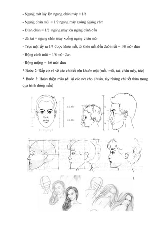 - Ngang mắt lấy lên ngang chân mày = 1/8
- Ngang chân mũi = 1/2 ngang mày xuống ngang cằm
- Đỉnh chán = 1/2 ngang mày lên ngang đỉnh đầu
- dài tai = ngang chân mày xuống ngang chân mũi
- Trục mặt lấy ra 1/4 được khóe mắt, từ khóe mắt đến đuôi mắt = 1/8 mô- đun
- Rộng cánh mũi = 1/8 mô- đun
- Rộng miệng = 1/6 mô- đun
* Bước 2: Đắp cơ và vẽ các chi tiết trên khuôn mặt (mắt, mũi, tai, chân mày, tóc)
* Bước 3: Hoàn thiện mẫu (đi lại các nét cho chuẩn, tảy những chi tiết thừa trong
qua trình dựng mẫu)
 