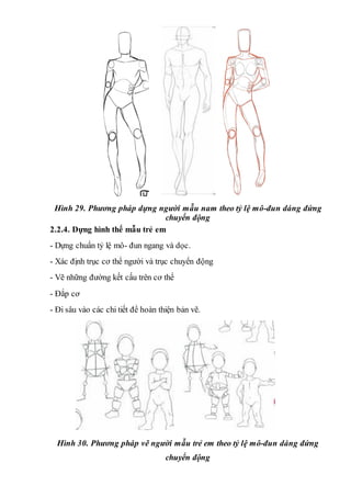 Hình 29. Phương pháp dựng người mẫu nam theo tỷ lệ mô-đun dáng đứng
chuyển động
2.2.4. Dựng hình thể mẫu trẻ em
- Dựng chuẩn tỷ lệ mô- đun ngang và dọc.
- Xác định trục cơ thể người và trục chuyển động
- Vẽ những đường kết cấu trên cơ thể
- Đắp cơ
- Đi sâu vào các chi tiết để hoàn thiện bản vẽ.
Hình 30. Phương pháp vẽ người mẫu trẻ em theo tỷ lệ mô-đun dáng đứng
chuyển động
 