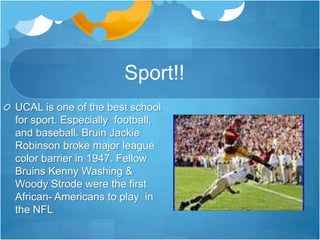                  Sport!!UCAL is one of the best school for sport. Especially  football, and baseball. Bruin Jackie Robinson broke major league color barrier in 1947. Fellow Bruins Kenny Washing & Woody Strode were the first African- Americans to play  in the NFL