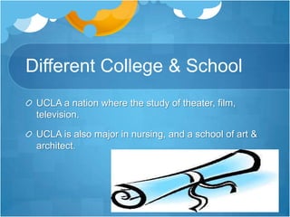 Different College & SchoolUCLA a nation where the study of theater, film, television.UCLA is also major in nursing, and a school of art & architect. 