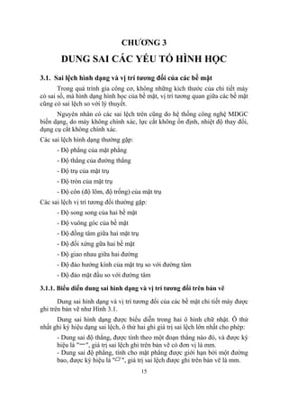 CHƯƠNG 3
        DUNG SAI CÁC YẾU TỐ HÌNH HỌC
3.1. Sai lệch hình dạng và vị trí tương đối của các bề mặt
       Trong quá trình gia công cơ, không những kích thước của chi tiết máy
có sai số, mà hình dạng hình học của bề mặt, vị trí tương quan giữa các bề mặt
cũng có sai lệch so với lý thuyết.
      Nguyên nhân có các sai lệch trên cũng do hệ thống công nghệ MDGC
biến dạng, do máy không chính xác, lực cắt không ổn định, nhiệt độ thay đổi,
dụng cụ cắt không chính xác.
Các sai lệch hình dạng thường gặp:
      - Độ phẳng của mặt phẳng
      - Độ thẳng của đường thẳng
      - Độ trụ của mặt trụ
      - Độ tròn của mặt trụ
      - Độ côn (độ lõm, độ trống) của mặt trụ
Các sai lệch vị trí tương đối thường gặp:
      - Độ song song của hai bề mặt
      - Độ vuông góc của bề mặt
      - Độ đồng tâm giữa hai mặt trụ
      - Độ đối xứng gữa hai bề mặt
      - Độ giao nhau giữa hai đường
      - Độ đảo hướng kính của mặt trụ so với đường tâm
      - Độ đảo mặt đầu so với đường tâm

3.1.1. Biểu diến dung sai hình dạng và vị trí tương đối trên bản vẽ

       Dung sai hình dạng và vị trí tương đối của các bề mặt chi tiết máy được
ghi trên bản vẽ như Hình 3.1.
      Dung sai hình dạng được biểu diễn trong hai ô hình chữ nhật. Ô thứ
nhất ghi ký hiệu dạng sai lệch, ô thứ hai ghi giá trị sai lệch lớn nhất cho phép:
      - Dung sai độ thẳng, được tính theo một đoạn thẳng nào đó, và được ký
      hiệu là " ", giá trị sai lệch ghi trên bản vẽ có đơn vị là mm.
      - Dung sai độ phẳng, tính cho mặt phẳng được giới hạn bởi một đường
      bao, được ký hiệu là " ", giá trị sai lệch được ghi trên bản vẽ là mm.
                                       15
 