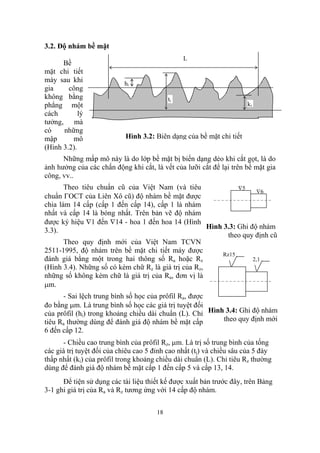 3.2. Độ nhám bề mặt
                                                 L
      Bề
mặt chi tiết
máy sau khi                hi
gia     công
không bằng                                  ti
phẳng một                                                             ki
cách        lý
tưởng, mà
có    những
mập      mô                 Hình 3.2: Biên dạng của bề mặt chi tiết
(Hình 3.2).
      Những mấp mô này là do lớp bề mặt bị biến dạng dẻo khi cắt gọt, là do
ảnh hưởng của các chấn động khi cắt, là vết của lưỡi cắt để lại trên bề mặt gia
công, vv..
       Theo tiêu chuẩn cũ của Việt Nam (và tiêu                 ∇5
                                                                       ∇6
chuẩn ΓOCT của Liên Xô cũ) độ nhám bề mặt được
chia làm 14 cấp (cấp 1 đến cấp 14), cấp 1 là nhám
nhất và cấp 14 là bóng nhất. Trên bản vẽ độ nhám
được ký hiệu ∇1 đến ∇14 - hoa 1 đến hoa 14 (Hình
                                                      Hình 3.3: Ghi độ nhám
3.3).
                                                             theo quy định cũ
       Theo quy định mới của Việt Nam TCVN
2511-1995, độ nhám trên bề mặt chi tiết máy được
                                                           Rz15
đánh giá bằng một trong hai thông số Ra hoặc Rz                      2,1
(Hình 3.4). Những số có kèm chữ Rz là giá trị của Rz,
những số không kèm chữ là giá trị của Ra, đơn vị là
µm.
      - Sai lệch trung bình số học của prôfil Ra, được
đo bằng µm. Là trung bình số học các giá trị tuyệt đối
của prôfil (hi) trong khoảng chiều dài chuẩn (L). Chỉ Hình 3.4: Ghi độ nhám
tiêu Ra thường dùng để đánh giá độ nhám bề mặt cấp        theo quy định mới
6 đến cấp 12.
      - Chiều cao trung bình của prôfil Rz, µm. Là trị số trung bình của tống
các giá trị tuyệt đối của chiêu cao 5 đỉnh cao nhất (ti) và chiều sâu của 5 đáy
thấp nhất (ki) của prôfil trong khoảng chiều dài chuẩn (L). Chỉ tiêu Rz thường
dùng để đánh giá độ nhám bề mặt cấp 1 đến cấp 5 và cấp 13, 14.
      Để tiện sử dụng các tài liệu thiết kế được xuất bản trước đây, trên Bảng
3-1 ghi giá trị của Ra và Rz tương ứng với 14 cấp độ nhám.


                                       18
 