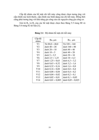 Cấp độ nhám của bề mặt chi tiết máy cũng được chọn tương ứng với
cấp chính xác kích thước, cấp chính xác hình dạng của chi tiết máy. Đồng thời
cũng phải tương ứng với khả năng gia công của các nguyên công gia công cơ.
     Giá trị Ra và Rz của các bề mặt được chọn theo Bảng 5.5 trang 80 và
Bảng 5.6 trang 82 tài liệu [1].


                      Bảng 3.1: Độ nhám bề mặt chi tiết máy

                      Cấp độ
                                      Ra, µm              Rz, µm
                      nhám
                       ∇1        Từ 80,0 ÷ 40,0      Từ 320 ÷ 160
                       ∇2        dưới 40 ÷ 20        dưới 160 ÷ 80
                       ∇3        dưới 20 ÷ 10        dưới 80 ÷ 40
                       ∇4        dưới 10 ÷ 5         dưới 40 ÷ 20
                       ∇5        dưới 5 ÷ 2,5        dưới 20 ÷ 10
                       ∇6        dưới 2,5 ÷ 1,25     dưới 10 ÷ 6,3
                       ∇7        dưới 1,25 ÷ 0,63    dưới 6,3 ÷ 3,2
                       ∇8        dưới 0,63 ÷ 0,32    dưới 3,2 ÷ 1,6
                       ∇9        dưới 0,32 ÷ 0,16    dưới 1,6 ÷ 0,8
                       ∇10       dưới 0,16 ÷ 0,08    dưới 0,8 ÷ 0,4
                       ∇11       dưới 0,08 ÷ 0,04    dưới 0,4 ÷ 0,2
                       ∇12       dưới 0,04 ÷ 0,02    dưới 0,2 ÷ 0,1
                       ∇13       dưới 0,02 ÷ 0,01    dưới 0,1 ÷ 0,05
                       ∇14       dưới 0,01 ÷ 0,005   dưới 0,05 ÷ 0,025




                                     19
 