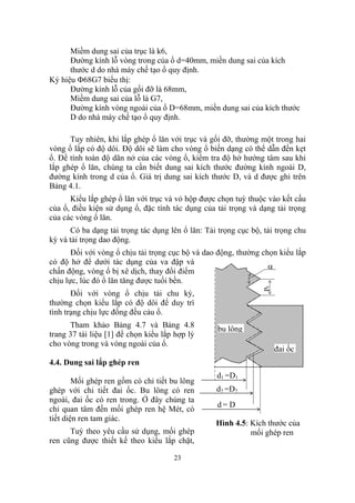 Miềm dung sai của trục là k6,
      Đường kính lỗ vòng trong của ổ d=40mm, miền dung sai của kích
      thước d do nhà máy chế tạo ổ quy định.
Ký hiệu Φ68G7 biểu thị:
      Đường kính lỗ của gối đỡ là 68mm,
      Miềm dung sai của lỗ là G7,
      Đường kính vòng ngoài của ổ D=68mm, miền dung sai của kích thước
      D do nhà máy chế tạo ổ quy định.

      Tuy nhiên, khi lắp ghép ổ lăn với trục và gối đỡ, thường một trong hai
vòng ổ lắp có độ dôi. Độ dôi sẽ làm cho vòng ổ biến dạng có thể dẫn đến kẹt
ổ. Để tính toán độ dãn nở của các vòng ổ, kiểm tra độ hở hướng tâm sau khi
lắp ghép ổ lăn, chúng ta cần biết dung sai kích thước đường kính ngoài D,
đường kính trong d của ổ. Giá trị dung sai kích thước D, và d được ghi trên
Bảng 4.1.
      Kiểu lắp ghép ổ lăn với trục và vỏ hộp được chọn tuỳ thuộc vào kết cấu
của ổ, điều kiện sử dụng ổ, đặc tính tác dụng của tải trọng và dạng tải trọng
của các vòng ổ lăn.
      Có ba dạng tải trọng tác dụng lên ổ lăn: Tải trọng cục bộ, tải trọng chu
kỳ và tải trọng dao động.
       Đối với vòng ổ chịu tải trọng cục bộ và dao động, thường chọn kiểu lắp
có độ hở để dưới tác dụng của va đập và
                                                                  α
chấn động, vòng ổ bị xê dịch, thay đổi điểm
chịu lực, lúc đó ổ lăn tăng được tuổi bền.
                                                                pr


       Đối với vòng ổ chịu tải chu kỳ,
thường chọn kiểu lắp có độ dôi để duy trì
tình trạng chịu lực đồng đều cảu ổ.
      Tham khảo Bảng 4.7 và Bảng 4.8               bu lông
trang 37 tài liệu [1] để chọn kiểu lắp hợp lý
cho vòng trong và vòng ngoài của ổ.
                                                                     đai ốc
4.4. Dung sai lắp ghép ren
                                                  d1 =D1
        Mối ghép ren gồm có chi tiết bu lông
ghép với chi tiết đai ốc. Bu lông có ren          d2 =D2
ngoài, đai ốc có ren trong. Ở đây chúng ta
                                                   d= D
chỉ quan tâm đến mối ghép ren hệ Mét, có
tiết diện ren tam giác.
                                                  Hình 4.5: Kích thước của
      Tuỳ theo yêu cầu sử dụng, mối ghép                    mối ghép ren
ren cũng được thiết kế theo kiểu lắp chặt,

                                      23
 