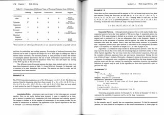212 Chapter 7 Web Min ing
TABLE 7. 1 : Comparison of Different Types of Traversal Patterns (from [XDOla])
Ordering Duplicates Consecutive Maximal Support
Association
rules N N N N
freq(X)
# transactions
Episodes y
i
N N N
freg(X)
# time windows
Sequential
patterns y N N y
freq(X)
# customers
Forward
sequences y N y y
freg(X)
# forward sequences
Maximal
frequent
sequences y y y y
freq(X)
# clicks
1
Serial episodes are ordered, parallel episodes are riot, and general episodes are partially ordered.
and thus for prefetching and caching purposes. Knowledge of backward traversals often
followed can be used to improve the design of a set of Web pages by adding new links to
shorten future traversals. The maximal property is used primarily to reduce the number
of meaningful patterns ciscovered. The use of such performance improvements as user
side caching may actually alter the sequences visited by a user and impact any mining
of the Web log data at the server side.
The different types of traversal patterns that have been studied and how they view
these three features are shown in Table 7.1 (from [XDOla]). Example 7.4 illustrates a set
of sessions to be used throughout this section. The sessions are listed in order, and all
timestamps have been removed.
EXAMPLE 7.4
The XYZ Corporation maintains a set of five Web pages: {A, B, C, D, E}. The following
sessions (listed in timestamp order) have been created: D = {S1 = {U1 , (A, B, C)}, s2 =
{U2, (A , C)}, S3 = {U1 , (B, C, E)}, S4 = {U3 , (A , C, D , C, E)}}. Here we have added
to each session the user Ib. Suppose the support threshold is 30%.
Association Rules. Association rules can be used to find what pages are accessed
together. Here we are ·really finding large itemsets. A page is regarded as an item,
and a session is regarded as a transaction with both duplicates and ordering ignored.
The support is defined to be the number of occurrences of the itemset divided by the
number of transactions or sessions. The application of the Apriori algorithm to the data
in Example 7.2 is shown in Example 7.5.
Section 7.4 Web Usage Mining 213
EXAMPLE 7.5
Since there are four transactions and the support is 30%, an itemset must occur in at least
two sessions. During the first scan, we find that L 1 = {{A}, {B}, {C}, {E}}, so C2 =
{{A, B}, {A, C}, {A, E}, {B, C}, {B, E}, {C, E}}. Counting these is scan two, we find
L2 = {{A, C}, {B, C}, {C, E}} and then generate C3 = {{A, B, C}, {A , C, E}, {B, C, E}}.
Counting, we find that none of these are large. The large itemsets are then
L = {{A}, {B}, {C}, {E}, {A, C}, {B, C) , {C, E}}
Sequential Patterns. Although initially proposed for use with market basket data,
sequential patterns have also been applied to Web access logs. A sequential pattern (as
applied to Web usage mining) is defined as an ordered set of pages that satisfies a given
support and is maximal (i.e., it has no subsequence that is also frequent). Support is
defined not as the percentage of sessions with the pattern, but rather the percentage of
customers who have the pattern. Since a user may have many sessions, it is possible
that a sequential pattern could span sessions. It also need not be contiguously accessed
pages. A k-sequence is a sequence of length k (i.e., is it has k pages in it).
Algorithm 7.2 outlines the steps needed to find sequential patterns. After the sort
step to put the data in the correct order, the remaining steps are somewhat similar to those
of the Apriori algorithm. The sort step creates the actual customer sequences, which are
the complete reference sequences from one user (across transactions). During the first
scan it finds all large 1-itemsets. Obviously, a frequent 1-itemset is the same as a frequent
1-sequence. In subsequent scans, candidates are generated from the large itemsets of the
previous scans and then are counted. In counting the candidates, however, the modified
definition of support must be used. In the algorithm we show that AprioriAll is used to
perform this step.
ALGORITHM 7.2
Input :
D = {S1, S2 , . . . , Sk} I/Database of sess ions
s / /Support .
Output : Sequential patterns
Sequential patterns algorithm:
D = sort D on user- ID and time of f irst pa9e reference
in each session ;
find L1 in D;
L = AprioriAl l (D, s, L1 ) ;
f ind maximal reference sequences from L ;
Generating sequential patterns for Example 7.5 is shown in Example 7.6. Here Ci
represents the candidate i-sequences and Li are the large i-sequences.
EXAMPLE 7.6
In this example, user U1 actually has two transactions (sessions). To find his sequential
patterns, we must think of his sequence as the actual concatenation of those pages in
 