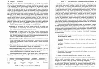 10 Chapter 1 Introduction
The KDD process is often said to be nontrivial; however, we take the larger view that
KDD is an all-encompassing concept. A traditional SQL database query can be viewed
as the data mining part of a KDD process. Indeed, this may be viewed as som�what
simple and trivial. However, this was not the case 30 years ago. If we were to advance
30 years into the future, we might find that processes thought of today as nontrivial and
complex will be viewed as equally simple. The definition of KDD includes the keyword
useful. Although some definitions have included the term "potentially useful," we believe
that if the information found in the process is not useful, then it really is not information.
Of course, the idea of being useful is relative and depends on the individuals involved.
KDD is a
'
process that involves many different steps. The input to this process is
the data, and the output is the useful information desired by the users. However, the
objective may be unclear or inexact. The process itself is interactive and may require
much elapsed time. To ensure the usefulness and accuracy of the results of the process,
interaction throughout the process with both domain experts and technical experts might
be needed. Figure 1.4 (modified from [FPSS96c]) illustrates the overall KDD process.
frhe KDD process consists of the following five steps [FPSS96c]:
• Selection: The data needed for the data mining process may be obtained from
many different and heterogeneous data sources. This first step obtains the data
from various databases, files, and nonelectronic sources.
• Preprocessing: The data to be used by the process may have incorrect or miss­
ing data. There may be anomalous data from multiple sources involving different
data types and metrics. There may be many different activities performed at this
time. Erroneous data may be corrected or removed, whereas missing data must be
supplied or predicted (often using data mining tools).
• Transformation: Data from different sources must be converted into a common
format for processing. Some data may be encoded or transformed into more usable
formats. Data reduction may be used to reduce the number of possible data values
being considered.
• Data mining: Based on the data mining task being performed, this step applies
algorithms to the transformed data to generate the desired results.
• Interpretation/evaluation: How the data mining results are presented to the users
is extremely important because the usefulness of the results is dependent on it.
Various visualization and GUI strategies are used at this last step.
Transformation techniques are used to make the data easier to mine and more use­
ful, and to provide more meaningful results. The actual distribution of the data may be
0S•l�tion 0 Prepro=&og
O
"'"'form•tioo
D
D•t. mhU�lot<or><ot.tion 0
Initial Target Preprocessed Transformed Model Knowledge
data data data data
FIGURE 1.4: KDD process (modified from [FPSS96c]).
Section 1.2 Data Mining Versus Knowledge Discovery in Databases 11
modified to facilitate use by techniques that require specific types of data distributions.
Some attribute values may be combined to provide new values, thus reducing the com­
plexity of the data. For example, current date and birth date could be replaced by age.
One attribute could be substituted for another. An example would be replacing a sequence
of actual attribute values with the differences between consecutive values. Real valued
attributes may be more easily handled by partitioning the values into ranges and using
these discrete range values. Some data values may actually be removed. Outliers, extreme
values that occur infrequently, may actually be removed. The data may be transformed
by applying a function to the values. A common transformation function is to use the log
of the value rather than the value itself. These techniques make the mining task easier by
reducing the dimensionality (number of attributes) or by reducing the variability of the
data values. The removal of outliers can actually improve the quality of the results. As
with all steps in the KDD process, however, care must be used in performing transfor­
mation. If used incorrectly, the transformation could actually change the data such that
the results of the data mining step are inaccurate.
Visualization refers to the visual presentation of data. The old expression "a picture
is worth a thousand words" certainly is true when examining the structure of data. For
example, a line graph that shows the distribution of a data variable is easier to understand
and perhaps more informative than the formula for the corresponding distribution. The use
of visualization techniques allows users to summarize, extra.ct, and grasp more complex
results than more mathematical or text type descriptions of the results. Visualization
techniques include:
• Graphical: Traditional graph structures including bar charts, pie charts, histograms,
and line graphs may be used.
• Geometric: Geometric techniques include the. box plot and scatter diagram
techniques.
• Icon-based: Using figures, colors, or other icons can improve the presentation of
the results.
• Pixel-based: With these techniques each data value is shown as a uniquely colored
pixel.
• Hierarchical: These techniques hierarchically divide the display area (screen) into
regions based on data values.
• Hybrid: The preceding approaches can be combined into one display.
Any of these approaches may be two-dimensional or three-dimensional. Visualization
tools can be used to summarize data as a data mining technique itself. In addition,
visualization can be used to show the complex results of data mining tasks.
The data mining process itself is complex. As we will see in later chapters, there
are many different data mining applications and algorithms. These algorithms must be
carefully applied to be effective. Discovered patterns must be correctly interpreted and
properly evaluated to ensure that the resulting information is meaningful and accurate.
 