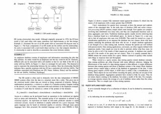 22 Chapter 2 Related Concepts
FIGURE 2 . 1 : ER model example
.
ER (entit�-relationship) data model. Although originally proposed in 1
9 7 6 , the ER �ata
model is still used today with many extensions and improvements to the first destgn
.
Example 2
.1 illustrates the use of an ER model with an associated ER diagram seen in
Figure 2. 1. The basic components of an ER model are the entities an� the r�latio�ship
_
s
.
An entity is ass ociated with a real-world object and has a key that umquely tdenttfies tt.
A relationship is used to describe as association that exists between entities
.
EXAMPLE 2.1
An employee database consists of employees and information concerning the j
_ob� that
they perform. An entity would be an Employee and the key could be the ID
. Stmtlarly,
different jobs can be associated with a job number so that we can think of the Job as an
entity with key JobNo
. In Figure 2
.1
, there is a rectangle for each entity. The diamond is
used to represent the relationship between the two entities
. Here the relationship HasJob
indicates that a specific employee with key ID has a particular job with key JobNo
.The
attributes associated with Employee are {ID, Name, Address, Salary} and the attributes
for Job are {JobNo, NobDesc, PayRange}.
The ER model is often used to abstractly view the data independent of DBMS
.
DBMS systems often view the data in a structure more like a table. This gives rise to
the relational model, where data are viewed as being composed of relations
. Taking a
mathematical perspective, a relation is a subset of a Cartesian product
. Imagine looking
at the domain, or set of values, associated with each atttibute in the Employee example
.
A relation R could then be viewed as a subset of the product of the domains:
R £; dom(ID ) x dom(Name) x dom(Address) x dom(Salary) x dom(JobNo) (2
.1)
Access to a relation can be performed based on operations in the traditional set algebra
such as union and intersection
. This extended group of set operations is referred to as
relational algebra. An equivalent set based on first-order predicate calculus is called
relational calculus. Access to databases is usually achieved via a query language. This
query language may be based on relational algebra or calculus. · Although many query
languages have been proposed, the standard language used by most DBMSs is SQL
.
Section 2.2
SELECT Name
FROM R
WHERE Salary > 100,000
Fuz:zy Sets and Fuzzy Logic 23
FIGURE 2.2: SQL example
.
Figure 2.2 shows a sample SQL statement issued against the relation R, which lists the
names of all employees with a salary greater than $ 1 00, 00
0.
Users' expectations for queries have increased, as have the amount and sophisti­
cation of the associated data
. In the early days of database (DB) and online transac­
tion processing (OLTP) systems, simple selects were enough
. Now queries are complex,
involving data distributed over many sites, and they use complicated functions such as
joins, aggregates, and views. Traditional database queries usually involve retrieving data
from a database based on a well-defined query
. As shown in Figure 2.2, a user may
ask to find all employees who earn over $ 100
, 000. This could be viewed as a type of
classification application as we segment the database into two classes: those who have
salaries satisfying the predicate and those who do not. A simple database application
is not thought of as a data mining task, however, because the queries are well defined
with precise results. Data mining applications, conversely, are often vaguely defined with
imprecise results. Users might not even be able to precisely define what they want, let
alone be able to tell if the results of their request are accurate. A database user usually
can tell if the results of his query are not correct
. Thus, it is usually assumed that a
DBMS returns the correct results for a query
. Metrics (instead of quality) often include
such things as response time and throughput
.
When viewed as a query sys tem, data mining queries extend database concepts
.
Data mining problems are often ill-posed with many different solutions. Judging the
effectiveness of the result of a data mining request is often difficult
. A major difference
between data mining queries and those of database systems is the output
. Basic database
queries always output either a subset of the database or aggregates of the data. A data
mining query outputs a KDD object. A KDD object is either a rule, a classification, or a
cluster
. These objects do not exist before executing the query, and they are not part of the
database being queried. Aggregation operators have existed in SQL for years. They do
not return objects existing in the database, but return a model of the data. For example,
an average operator returns the average of a set of attribute values rather than the values
themselves
.This is a simple type of data mining operator.
2.2 FUZZY SETS AND FUZZY LOGIC
A set is normally thought of as a collection of objects. It can be defined by enumerating
the set
F = { l , 2, 3 , 4 , 5 } (2.2)
or by indicating the set membership requirement
F = {x I X E z+ and X :::: 5} (2. 3 )
A fuzzy set is a set, F, in which the set membership function, f, is a real valued (as
opposed to boolean) function with output in the range [ 0, 1]: An element x is said
 