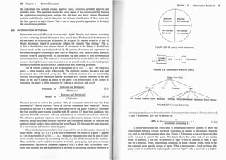 2.3
26 Chapter 2 Related Concepts
the individuals into multiple classes: approve, reject, unknown, probably approve, and
probably reject. This approach attacks the fuzzy miture of the classification by flagging
the applications requiring more analysis into the three new fuzzy classes. Procedural
policies could .then �e used to determine the ultimate classification of these cases into
the final approve or reject classes. This is one of many possible approaches to defuzzify
the classification problem.
IN FORMATION RETRIEVAL
Information retriewil (IR) (and more recently digit�! libraries and Internet searching)
involves retrieving desired information from textual data. The historical development of
IR was based on effective use of libraries. So a typical 1R request would be to find all
library documents related to a particular subject, for example "data mining." This is,
in fact, a classification task because the set of documents in the library is divided into
classes based on the keywords involved. In IR systems, documents are represented by
document surrogates consisting of data, such as identifiers, title, authors, dates, abstracts,
extracts, reviewg, and keywords. As can be seen, the data consist of both formatted and
unformatted (text) data. The retrieval of documents is based on calculation of a similarity
measure showing how close each document is to the desired results (i.e., the stated query).
Similarity measures are also used in classification and clustering problems.
An IR system consists of a set of documents D = {D1 , . . . , Dn }. The input is a
query, q, often stated as a list of keywords. The similarity between the query and ea�h
document is then calculated: sim(q, D;). This similarity measure is a set membership
function describing the likelihood that the document is of interest (relevant) to the user
based on the user's interest as stated by the query. The effectiveness of the system in
processing the query is often measured by looking at precision and recall:
Precision =
Recall =
1 Relevant and Retrieved I
(2_9)
I Retrieved I
Relevant and Retrieved I
I Relevant I
(2.10)
Precision is used to answer the question: "Are all documents retrieved ones that I am
interested in?" Recall answers: "Have all relevant documents been retrieved?" Here a
document is relevant if it should have been retrieved by the query. Figure 2.5 illustrates
the four possible query results available with IR queries. Of these four quadrants, two
represent desirable outcomes: relevant and retrieved or not relevant and not retrieved.
The other two quadrants represent error situations. Documents that are relevant and not
retrieved should have been retrieved but were not. Documents that are not relevant and
retrieved should not have been retrieved but were. Figure 2.6 illustrates the basic structure
of a conventional information retrieval query.
Many similarity measures have been proposed for use in information retrieval. As
stated earlier, sim (q , D;) 1 s i s n is used to determine the results of a query q applied
to a set of documents D = {D1 , . . . , Dn }. Similarity measures may also be used to clus­
ter or classify documents by calculating sim (D; , DJ) for all documents in the database.
Thus, similarity can be used for document-document, query-query, and query-document
measurements. The inverse document frequency (IDF) is often used by similarity mea­
sures. IDF assumes that the importance of a keyword in calculating similarity measures is
Section 2.3 Information Retrieval 27
Relevant
Retrieved
Relevant
Not retrieved
Not relevant Not relevant
Retrieved Not retrieved
FIGURE 2.5: IR query result measures.
Keywords
Q::::: G-0Documents
Documents
FIGURE 2.6: Information retrieval query.
Domestic Lion
�
Feline -- Cat
'
Cheetah Tiger
Mix Persian Siamese Tabby Burmese
�
Siberian White Indochi
nese Sumatran South Chinese
FIGURE 2.7: Concept hierarchy.
inversely proportional to the total number of documents that contain it. Given a keyword,
k, and n documents, IDF can be defined as
n
IDFk = lg - + 1
I documents containing k 1
(2. 1 1)
Concept hierarchies are often used in information retrieval systems to show the
relationships between various keywords (concepts) as related to documents. Suppose
you wish to find all documents about cats. Figure 2.7 illustrates a concept hierarchy that
could be used to answer this query. This figure shows that feline and cat are similar
terms. In addition, a cat may be domestic or tiger or lion or cheetah. In turn, a tiger
may be a Siberian, White, Indochinese, Sumatran, or South Chinese. Nodes lower in the
tree represent more specific groups of tigers. When a user requests a book on tigers, this
query could be modified by replacing the keyword "tiger" with a keyword at a higher
 