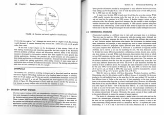 28 Chapter 2 Related Concepts
Tall Tall
Classified tall Classified
not tall
20 10
45 25
Not tall Not tall
Classified tall Classified
not tall
FIGURE 2.8: Precision and recall applied to classification.
level in the tree, suQh as "cat." Although this would result in a higher reca
11, the precision
would decrease. A concept hierarchy may actually be a DAG (directed acyclic graph)
rather than a tree.
�.
has had
.
a �a
jor impact on the development of data mining. Much of the
dat� nunmg classification and clustering approaches had their origins in the document
retrieval problems of lib�ary scie�ce and
.
information retrieval. Many of the similarity
m�a
.
sures de
.
vel�ped f�r mformatwn retneval have been applied to more general data
numn� �pphcatl?ns
:
Similarly, the precision and recall measures are often applied to
data �rung �pplicatw�s,
.
as illust�ate? in Example 2.2. Concept hierarchies are frequently
used
.
m
.
spatial data numn� apph��tlons
:
Data mining consists of many more types of
applicatwns than are found m tradltwnal mformation retrieval. The linking and predictive
tasks have no real counterpart in IR, for example.
EXAMPLE 2.2
The accuracy of a predictive modeling technique can be described based on precision
and recall. Suppose 100 college students are to be classified based on height. In actuality,
there are 30 tall students and 70 who are not tall. A classification technique classifies 65
student� as
.
tall and 35 as not tall. The precision and recall applied to this problem are
shown m Figure 2.8. The precision is 20/65, while the recall is 20/30. The precision is
low because so many students who are not tall are classified as such.
2.4 DECISION SUPPORT SYSTE MS
Decisio� support systems (DSS) are comprehensive computer systems and related tools
that assist managers in making decisions and solving problems. The goal is to I
·m
th d · · ki
. . . . prove
e eclSlon-ma ng process by providmg specific mformation needed by manag t
Th d
.
" f
. . emen .
ese s�stems tuer �om �adihon�l database management systems in that more ad
hoc quenes and custonuzed mformatwn may be provided Recently the te ·
. .
· , rms executzve
mformatwn systems (E/S) and executive support systems (ESS) have evolv d 11
Th II · d 1 ·
e as we .
ese systems a rum at eve opmg the business structure and comput t h ·
er ec mques to
2.5
Section 2.5 Dimensional Modeling 29
better provide information needed by management to make effective business decisions.
Data mining can be thought of as a suite of tools that assist in the overall DSS process;
that is, DSS may use data mining tools.
In many ways the term DSS is much more broad than the term data mining. While
a DSS usually contains data mining tools, this need not be so. Likewise, a data min­
ing tool need not be contained in a DSS system. A decision support system could be
enterprise-wide, thus allowing upper-level managers the data needed to make intelligent
business decisions that impact the entire company. A DSS typically operates using data
warehouse data. Alternatively, a DSS could be built around a single user and a PC. The
bottom line is that the DSS gives managers the tools needed to make intelligent decisions.
DIMENSIONAL MODELING
Dimensional modeling is a different way to view and interrogate data in a database.
This view may be used in a DSS in conjunction with data mining tasks. Although not
required, for efficiency purposes the data may be stored using different data structures
as well. Decision support applications often require that information be obtained along
many dimensions. For example, a sales manager may want to obtain information about
the amount of sales in a geographic region, particular time frame, and by-product type.
This query requires three dimensions. A dimension is a collection of logically related
attributes and is viewed as an axis for modeling the data. The time dimension could
be divided into many different granularities: millennium, century, decade, year, month,
day, hour, minute, or second. Within each dimension, these entities form levels on which
various DSS questions may be asked. The specific data stored are called the f
acts and
usually are numeric data. Facts consist of measures and context data. The measures are
the numeric attributes about the facts that are queried. DSS queries may access the facts
from many different dimensions and levels. The levels in each dimension facilitate the
retrieval of facts at different levels. For example, the sales information could be obtained
for the year 1999, for the month of February in the year 2000, or between the times
of 1 0 and 1 1 A.M. on March 1 , 2000. The same query could be formulated for a more
general level, roll up, or for a more specific level, drill down.
Table 2.1 shows a relation with three dimensions: Products, Location, and Date.
Determining a key for this relation could be difficult because it is possible for the same
product to be sold multiple times on the same day. In this case, product 150 was sold at
two different times in Dallas on the same day. A finer granularity on the time (perhaps
down to the minute rather than date as is here) could make a key. However, this illustrates
that choice of key may be difficult. The same multidimensional data may also be viewed
as a cube. Figure 2.9 shows a view of the data from Table 2. 1 as a cube. Each dimension
is seen as an axis for the cube. This cube has one fact for each unique combination of
dimension values. In this case, we could have 8 * 7 * 5 = 230 facts stored (even though
the relation showed only 10 tuples). Obviously, this sparse amount of data would need
to be stored efficiently to reduce the amount of space required.
The levels of a dimension may support a partial order or a total order and can be
viewed via a directed path, a hierarchy, or a lattice. To be consistent with earlier uses of
the term, we use aggregation hierarchy, even though it may be a lattice, to refer to the
order relationship among different levels in a dimension. We use < to represent this order
relationship. X < Y if X and Y are levels in the same dimension and X is contained
 