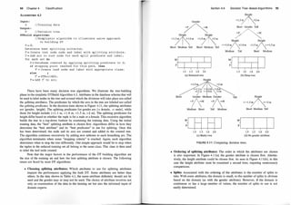 94 Chapter 4 Classification
ALGORITHM 4.3
Input :
D / /Training data
Output :
T / /Decision tree
DTBuild algorithm:
T = 0 ;
/ / S implistic a lgorithm t o i l lustrate naive approach
to bui lding DT
Determine best spl i t ting criterion ;
T = Create root node node and label with spl itting attr ibute ;
T = Add arc to root node for each sp lit predicate and l abel ;
for each arc do
D = Database created by applying splitting predicate to D;
if stopping point reached for this path, then
T = Create leaf node and l abel with appropriate class ;
else 1
T = DTBui ld(D) ;
T = Add T to arc ;
There have been many decision tree algorithms. We illustrate the tree-building
phase in the simplistic DTBuild Algorithm 4.3. Attributes in the database schema that will
be used to label nodes in the tree and around which the divisions will take place are called
the splitting attributes. The predicates by which the arcs in the tree are labeled are called
the splitting predicates. In the decision trees shown in Figure 4.1 1 , the splitting attributes
are {gender, height}. The splitting predicates for gender are {= female, = male}, while
those for height include {< 1 .3 m, > 1 .8 m, < 1 .5 m, >2 m}. The splitting predicates for
height differ based on whether the tuple is for a male or a female. This recursive algorithm
builds the tree in a top-down fashion by examining the training data. Using the initial
training data, the "best" splitting attribute is chosen first. Algorithms differ in how they
determine the "best attribute" and its "best predicates" to use for splitting. Once this
has been determined, the node and its arcs are created and added to the created tree.
The algorithm continues recursively by adding new subtrees to each branching arc. The
algorithm terminates when some "stopping criteria" is reached. Again, each algorithm
determines when to stop the tree differently. One simple approach would be to stop when
the tuples in the reduced training set all belong to the same class. This class is then used
to label the leaf node created.
Note that the major factors in the performance of the DT building algorithm are
the size of the training set and how the best splitting attribute is chosen. The following
issues are faced by most DT algorithms:
• Choosing splitting attributes: Which attributes to use for splitting attributes
impacts the performance applying the built DT. Some attributes are better than
others. In the data shown in Table 4.1, the name attribute definitely should not be
used and the gender may or may not be used. The choice of attribute involves not
only an examination of the data in the training set but also the informed input of
domain experts.
Section 4.4
Gender
�
Decision Tree-Based Algorithms 95
Height
<1.3
,
�2 m
Short Gender Tall
Height Height
/�
< 1 .�8m <l.�m
Height
< =1.8 ;/1.8 m
Height
<1.5 �= 1.5 m
Short Medium T
all Short Medium T
all
Short
I
1.3 1.5 1.8 2.0
(a) Balanced tree
>=1.3 m
<1.5 m
I
Height
Gender Medium Gender
=
1M =
1M
Medium Tall Short Medium
1.3 1.5 1.8 2.0
(b) Deep tree
T
all
Medium Short T
all Medium
Height
< =1 .5�=2 m
Short Medium Tall
:, H H I � I
I I
1.3 1.5 1.8 2.0 1.3 1.5 1.8 2.0
(c) Bushy tree (d) No gender attribute
FIGURE 4.1 1 : Comparing decision trees.
I
• Ordering of splitting attributes: The order in which the attributes are chosen
is also important. In Figure 4.1 l(a) the gender attribute is chosen first. Alterna­
tively, the height attribute could be chosen first. As seen in Figure 4.l l(b), in this
case the height attribute must be examined a second time, requiring unnecessary
comparisons.
• Splits: Associated with the ordering of the attributes is the number of splits to
take. With some attributes, the domain is small, so the number of splits is obvious
based on the domain (as with the gender attribute). However, if the domain is
continuous or has a large number of values, the number of splits to use is not
easily determined.
 