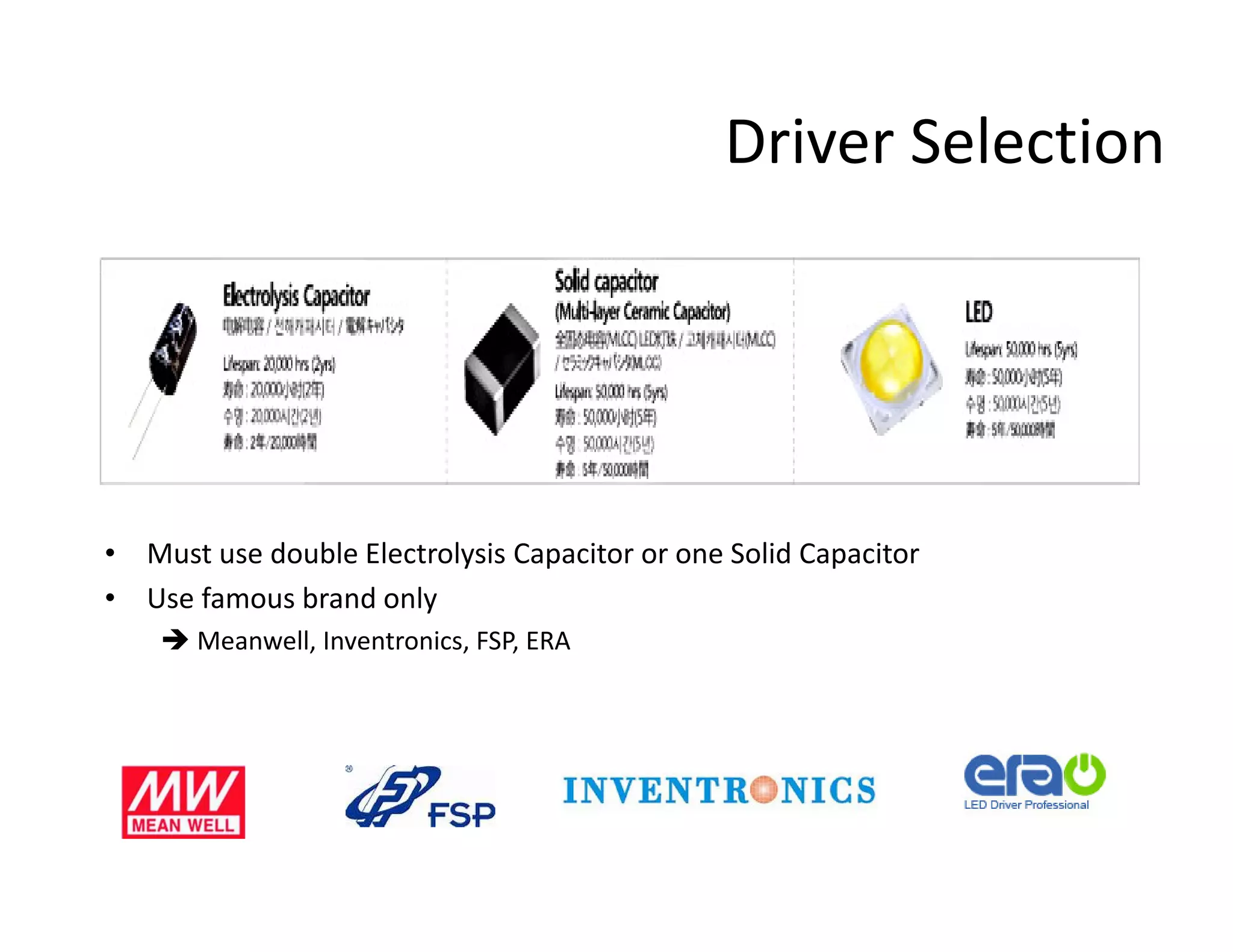 Driver Selection
• Must use double Electrolysis Capacitor or one Solid Capacitor
• Use famous brand only
Meanwell, Inventronics, FSP, ERA
 