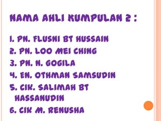 Nama Ahli Kumpulan 2 :
1. Pn. Flusni bt Hussain
2. Pn. Loo Mei Ching
3. Pn. N. Gogila
4. En. Othman Samsudin
5. Cik. Salimah bt
  Hassanudin
6. Cik M. Renusha
 