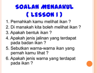 Soalan Menaakul
       ( LESSON 1 )
1. Pernahkah kamu melihat ikan ?
2. Di manakah kita boleh melihat ikan ?
3. Apakah bentuk ikan ?
4. Apakah jenis jalinan yang terdapat
   pada badan ikan ?
5. Sebutkan warna-warna ikan yang
   pernah kamu lihat ?
6. Apakah jenis warna yang terdapat
   pada ikan ?
 