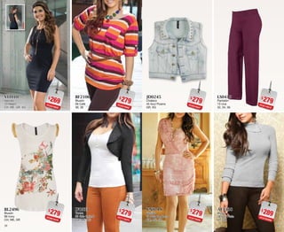 4039
$269PC5218829
VI1010
Vestido
10 Negro
CH, ME, GR, XG
$279PC9819549
BL2496
Blusón
96 Ivory
CH, ME, GR
$279PC9319537
JD0245
Chaleco
45 Azul Pizarra
GR, XG
$279PC2719559
VN0718
Vestido
18 Palo De Rosa
CH, ME, GR
$279PC9319582
BF2106
Blusón
06 Café
36, 38
$279PC7119574
IF0533
Torera
33 Gris Oxford
CH, ME, XG
$279PC9119572
LS0413
Pantalón
13 Uva
32, 34, 36
$289PC5720299
AF1338
Blusa
38 Gris Plata
UT, GR
 