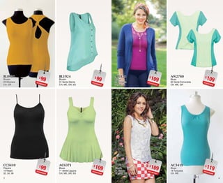 43
$99PC0606945
BL0920
Blusón
20 Mostaza
CH, GR
$99PC2406920
CC3410
Playera
10 Negro
32, 34, 36
$109PC4107672
AI5129
Blusa
29 Grosella
34, 36, 38
$109PC1407601
BW2201
Blusón
01 Blanco
CH, ME, XG
$99PC3406925
BL1924
Blusón
24 Verde Menta
CH, ME, GR, XG
$109PC2307635
AC6371
Blusa
71 Verde Laguna
CH, ME, GR, XG
$109PC9707648
AW2760
Blusa
60 Verde Esmeralda
CH, ME, GR
$119PC3408389
AC3419
Blusa
19 Turqueza
CH, ME
 