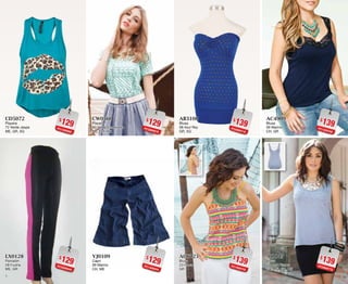 87
$129PC1209090
CD5072
Playera
72 Verde Jaspe
ME, GR, XG
$129PC5209040
LX0128
Pantalón
28 Fiusha
ME, GR
$139PC0909718
AB3108
Blusa
08 Azul Rey
GR, XG
$139PC1509732
AC6223
Blusa
23 Fresa
GR
$129PC2909079
CW0560
Playera
60 Verde Esmeralda
ME, GR, XG
$129PC1409034
YJ0109
Capri
09 Marino
CH, ME
$139PC1209766
AC4909
Blusa
09 Marino
CH, GR
$139PC0909772
AI0845
Blusa
45 Azul Pizarra
CH, ME, GR, XG
 