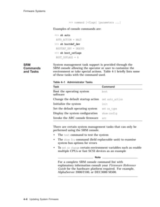 Firmware Systems
>>> command [-flags] [parameters ...]
Examples of console commands are:
>>> sh auto
AUTO_ACTION = HALT
>>> sh bootdef_dev
BOOTDEF_DEV = DKA300
>>> sh boot_osflags
BOOT_OSFLAGS = A
SRM
Commands
and Tasks
System management task support is provided through the
SRM console allowing the operator or user to customize the
environment or take special actions. Table 4-1 brieﬂy lists some
of these tasks with the command used.
Table 4–1 Administrator Tasks
Task Command
Boot the operating system
software
boot
Change the default startup action set auto_action
Initialize the system init
Set the default operating system set os_type
Display the system conﬁguration show config
Invoke the ARC console ﬁrmware arc
There are certain system management tasks that can only be
performed using the SRM console.
• The test command to test the system
• The show fru command (ﬁeld replaceable unit) to examine
system bus options for errors
• To set or change certain environment variables such as enable
multiple CPUs or fast SCSI devices as an example
Note
For a complete SRM console command list with
explanatory information consult your Firmware Reference
Guide for the hardware platform required. For example,
AlphaServer 2000/2100, or DEC3000 M500.
4–6 Updating System Firmware
 