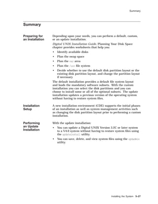 Summary
Summary
Preparing for
an Installation
Depending upon your needs, you can perform a default, custom,
or an update installation.
Digital UNIX Installation Guide, Planning Your Disk Space
chapter provides worksheets that help you:
• Identify available disks
• Plan the swap space
• Plan the var area
• Plan the /usr ﬁle system
• Decide whether to use the default disk partition layout or the
existing disk partition layout, and change the partition layout
if necessary
The default installation provides a default ﬁle system layout
and loads the mandatory software subsets. With the custom
installation you can select the disk partitions and you can
choose to install some or all of the optional subsets. The update
installation updates a previous version of the operating system
without having to restore system ﬁles.
Installation
Setup
A new installation environment (CDE) supports the initial phases
of an installation as well as system management activities such
as changing the disk partition layout prior to performing a custom
installation.
Performing
an Update
Installation
With the update installation:
• You can update a Digital UNIX Version 3.2C or later system
to a V4.0 system without having to restore system ﬁles using
the updateinstall utility.
• You can save, delete, and view system ﬁles using the updadmin
utility.
Installing the System 5–27
 
