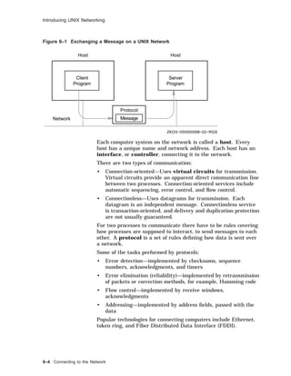 Introducing UNIX Networking
Figure 6–1 Exchanging a Message on a UNIX Network
Client
Program
Server
Program
Message
Protocol
ZKOX−055000098−02−RGS
Host Host
Network
Each computer system on the network is called a host. Every
host has a unique name and network address. Each host has an
interface, or controller, connecting it to the network.
There are two types of communication:
• Connection-oriented—Uses virtual circuits for transmission.
Virtual circuits provide an apparent direct communication line
between two processes. Connection-oriented services include
automatic sequencing, error control, and ﬂow control.
• Connectionless—Uses datagrams for transmission. Each
datagram is an independent message. Connectionless service
is transaction-oriented, and delivery and duplication protection
are not usually guaranteed.
For two processes to communicate there have to be rules covering
how processes are supposed to interact, to send messages to each
other. A protocol is a set of rules deﬁning how data is sent over
a network.
Some of the tasks performed by protocols:
• Error detection—implemented by checksums, sequence
numbers, acknowledgments, and timers
• Error elimination (reliability)—implemented by retransmission
of packets or correction methods, for example, Hamming code
• Flow control—implemented by receive windows,
acknowledgments
• Addressing—implemented by address ﬁelds, passed with the
data
Popular technologies for connecting computers include Ethernet,
token ring, and Fiber Distributed Data Interface (FDDI).
6–4 Connecting to the Network
 