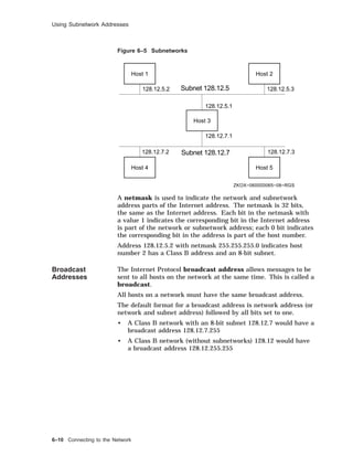 Using Subnetwork Addresses
Figure 6–5 Subnetworks
Host 1 Host 2
Host 4
Host 3
Host 5
ZKOX−060000065−08−RGS
Subnet 128.12.5
Subnet 128.12.7
128.12.5.1
128.12.7.1
128.12.5.2 128.12.5.3
128.12.7.2 128.12.7.3
A netmask is used to indicate the network and subnetwork
address parts of the Internet address. The netmask is 32 bits,
the same as the Internet address. Each bit in the netmask with
a value 1 indicates the corresponding bit in the Internet address
is part of the network or subnetwork address; each 0 bit indicates
the corresponding bit in the address is part of the host number.
Address 128.12.5.2 with netmask 255.255.255.0 indicates host
number 2 has a Class B address and an 8-bit subnet.
Broadcast
Addresses
The Internet Protocol broadcast address allows messages to be
sent to all hosts on the network at the same time. This is called a
broadcast.
All hosts on a network must have the same broadcast address.
The default format for a broadcast address is network address (or
network and subnet address) followed by all bits set to one.
• A Class B network with an 8-bit subnet 128.12.7 would have a
broadcast address 128.12.7.255
• A Class B network (without subnetworks) 128.12 would have
a broadcast address 128.12.255.255
6–10 Connecting to the Network
 