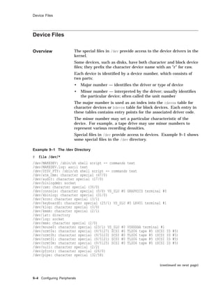 Device Files
Device Files
Overview The special ﬁles in /dev provide access to the device drivers in the
kernel.
Some devices, such as disks, have both character and block device
ﬁles; they preﬁx the character device name with an "r" for raw.
Each device is identiﬁed by a device number, which consists of
two parts:
• Major number — identiﬁes the driver or type of device
• Minor number — interpreted by the driver; usually identiﬁes
the particular device; often called the unit number
The major number is used as an index into the cdevsw table for
character devices or bdevsw table for block devices. Each entry in
these tables contains entry points for the associated driver code.
The minor number may set a particular characteristic of the
device. For example, a tape drive may use minor numbers to
represent various recording densities.
Special ﬁles in /dev provide access to devices. Example 9–1 shows
some special ﬁles in the /dev directory.
Example 9–1 The /dev Directory
# file /dev/*
/dev/MAKEDEV: /sbin/sh shell script -- commands text
/dev/MAKEDEV.log: ascii text
/dev/SYSV_PTY: /sbin/sh shell script -- commands text
/dev/atm_cmm: character special (47/0)
/dev/audit: character special (17/0)
/dev/binlogdmb: socket
/dev/cam: character special (30/0)
/dev/console: character special (0/0) VS_SLU #0 GRAPHICS terminal #0
/dev/kbinlog: character special (31/0)
/dev/kcon: character special (3/1)
/dev/keyboard0: character special (25/1) VS_SLU #0 LK401 terminal #1
/dev/klog: character special (3/0)
/dev/kmem: character special (2/1)
/dev/lat: directory
/dev/log: socket
/dev/mem: character special (2/0)
/dev/mouse0: character special (23/1) VS_SLU #0 VSXXXAA terminal #1
/dev/nrmt0a: character special (9/5127) SCSI #0 TLZ06 tape #5 (SCSI ID #5)
/dev/nrmt0h: character special (9/5123) SCSI #0 TLZ06 tape #5 (SCSI ID #5)
/dev/nrmt0l: character special (9/5121) SCSI #0 TLZ06 tape #5 (SCSI ID #5)
/dev/nrmt0m: character special (9/5125) SCSI #0 TLZ06 tape #5 (SCSI ID #5)
/dev/null: character special (2/2)
/dev/pfcntr: character special (26/0)
/dev/pipe: character special (32/58)
(continued on next page)
9–4 Conﬁguring Peripherals
 
