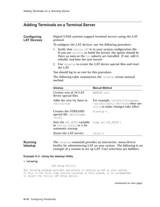 Adding Terminals on a Terminal Server
Adding Terminals on a Terminal Server
Conﬁguring
LAT Devices
Digital UNIX systems support terminal servers using the LAT
protocol.
To conﬁgure the LAT devices, use the following procedure:
1. Verify that options LAT is in your system conﬁguration ﬁle.
If you use doconfig to build the kernel, the option should be
there as soon as the lat subsets are installed. If not, add it,
rebuild, and boot the new kernel.
2. Use latsetup to create the LAT device special ﬁles and start
the LAT.
You should log in as root for this procedure.
The following table summarizes the latsetup versus manual
method.
latsetup Manual Method
Creates sets of 16 LAT
device special ﬁles
MAKEDEV latn
Adds the new tty lines to
/etc/inittab
For example, latty0a:234:respawn:
/usr/sbin/getty /dev/tty0a then use
init q to make changes take effect
Creates the STREAMS
special ﬁle /dev/streams
/kinfo
strsetup -i
Sets the LAT_SETUP variable
in /etc/rc.config to 1 for
automatic startup
rcmgr set LAT_SETUP 1
Starts the LAT service latcp -s
Running
latsetup
The latsetup command provides an interactive, menu-driven
facility for administering LAT on your system. The following is an
example of a session to set up LAT. User selections are boldface.
Example 9–2 Using the latsetup Utility
# latsetup
LAT Setup Utility
The latsetup program provides assistance in setting up LAT on your system.
If this is the first time running latsetup on this system, it is recommended
to select the Initial LAT Setup option.
(continued on next page)
9–10 Conﬁguring Peripherals
 