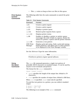 Managing the Print System
This lpd exists as long as there are ﬁles in this queue.
Print System
Control
Commands
The following table lists the main commands to control the print
system.
Table 9–1 Print System Commands
Command Function
lp(1) Creates a print request
lpr(1) Creates a print request
lpq(1) Displays a printer queue
lprm(1) Removes print requests from a queue
lpstat(1) Displays printer status
lpc(8) Enables or disables a printer or printer queue;
rearranges the order of jobs in a queue; checks the
status of a printer, a queue and the printer daemon
lptest(8) Generates a test pattern
CDE Print
Manager
Displays print job status, ﬁnds a print job (among
known printers), and allows user to select printers
to be displayed in the Print Manager window
See the Reference Pages for more information.
Note
PrintServer printers require special software.
Using
the lptest
Command
The lptest(8) command generates a ripple test pattern of
printable ASCII characters to standard output. It can be used by
anyone to test terminals and printers.
The format for the lptest command is:
lptest [length [count]]
• length speciﬁes the length of the output line; default is 79
characters.
• count speciﬁes the number of output lines; default is 200 lines.
When count is speciﬁed, length must also be speciﬁed.
To send the test pattern to a printer, you can redirect standard
output
# lptest > /dev/tty02
# lptest | lpr - -P2
The following is an example of the lptest command.
9–22 Conﬁguring Peripherals
 