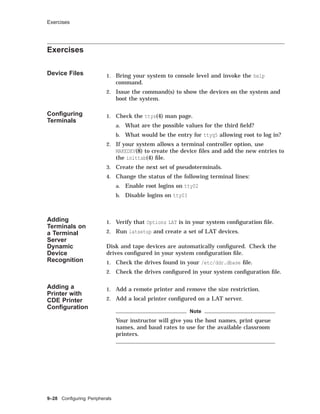 Exercises
Exercises
Device Files 1. Bring your system to console level and invoke the help
command.
2. Issue the command(s) to show the devices on the system and
boot the system.
Conﬁguring
Terminals
1. Check the ttys(4) man page.
a. What are the possible values for the third ﬁeld?
b. What would be the entry for ttyq5 allowing root to log in?
2. If your system allows a terminal controller option, use
MAKEDEV(8) to create the device ﬁles and add the new entries to
the inittab(4) ﬁle.
3. Create the next set of pseudoterminals.
4. Change the status of the following terminal lines:
a. Enable root logins on tty02
b. Disable logins on tty03
Adding
Terminals on
a Terminal
Server
1. Verify that Options LAT is in your system conﬁguration ﬁle.
2. Run latsetup and create a set of LAT devices.
Dynamic
Device
Recognition
Disk and tape devices are automatically conﬁgured. Check the
drives conﬁgured in your system conﬁguration ﬁle.
1. Check the drives found in your /etc/ddr.dbase ﬁle.
2. Check the drives conﬁgured in your system conﬁguration ﬁle.
Adding a
Printer with
CDE Printer
Conﬁguration
1. Add a remote printer and remove the size restriction.
2. Add a local printer conﬁgured on a LAT server.
Note
Your instructor will give you the host names, print queue
names, and baud rates to use for the available classroom
printers.
9–28 Conﬁguring Peripherals
 