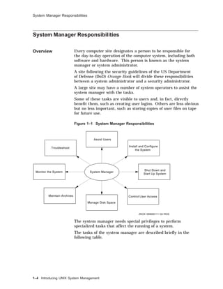 System Manager Responsibilities
System Manager Responsibilities
Overview Every computer site designates a person to be responsible for
the day-to-day operation of the computer system, including both
software and hardware. This person is known as the system
manager or system administrator.
A site following the security guidelines of the US Department
of Defense (DoD) Orange Book will divide these responsibilities
between a system administrator and a security administrator.
A large site may have a number of system operators to assist the
system manager with the tasks.
Some of these tasks are visible to users and, in fact, directly
beneﬁt them, such as creating user logins. Others are less obvious
but no less important, such as storing copies of user ﬁles on tape
for future use.
Figure 1–1 System Manager Responsibilities
Install and Configure
the System
Assist Users
Shut Down and
Start Up System
Manage Disk Space
Maintain Archives Control User Access
Monitor the System
Troubleshoot
System Manager
ZKOX−055000111−02−RGS
The system manager needs special privileges to perform
specialized tasks that affect the running of a system.
The tasks of the system manager are described brieﬂy in the
following table.
1–4 Introducing UNIX System Management
 