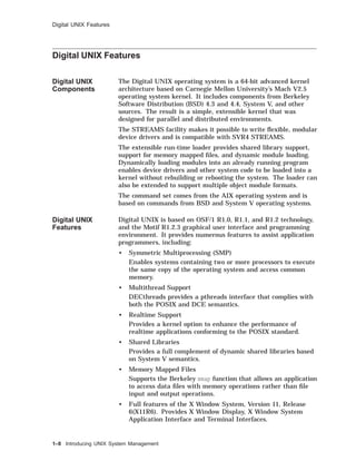 Digital UNIX Features
Digital UNIX Features
Digital UNIX
Components
The Digital UNIX operating system is a 64-bit advanced kernel
architecture based on Carnegie Mellon University’s Mach V2.5
operating system kernel. It includes components from Berkeley
Software Distribution (BSD) 4.3 and 4.4, System V, and other
sources. The result is a simple, extensible kernel that was
designed for parallel and distributed environments.
The STREAMS facility makes it possible to write ﬂexible, modular
device drivers and is compatible with SVR4 STREAMS.
The extensible run-time loader provides shared library support,
support for memory mapped ﬁles, and dynamic module loading.
Dynamically loading modules into an already running program
enables device drivers and other system code to be loaded into a
kernel without rebuilding or rebooting the system. The loader can
also be extended to support multiple object module formats.
The command set comes from the AIX operating system and is
based on commands from BSD and System V operating systems.
Digital UNIX
Features
Digital UNIX is based on OSF/1 R1.0, R1.1, and R1.2 technology,
and the Motif R1.2.3 graphical user interface and programming
environment. It provides numerous features to assist application
programmers, including:
• Symmetric Multiprocessing (SMP)
Enables systems containing two or more processors to execute
the same copy of the operating system and access common
memory.
• Multithread Support
DECthreads provides a pthreads interface that complies with
both the POSIX and DCE semantics.
• Realtime Support
Provides a kernel option to enhance the performance of
realtime applications conforming to the POSIX standard.
• Shared Libraries
Provides a full complement of dynamic shared libraries based
on System V semantics.
• Memory Mapped Files
Supports the Berkeley mmap function that allows an application
to access data ﬁles with memory operations rather than ﬁle
input and output operations.
• Full features of the X Window System, Version 11, Release
6(X11R6). Provides X Window Display, X Window System
Application Interface and Terminal Interfaces.
1–8 Introducing UNIX System Management
 