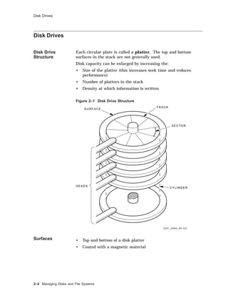 Disk Drives
Disk Drives
Disk Drive
Structure
Each circular plate is called a platter. The top and bottom
surfaces in the stack are not generally used.
Disk capacity can be enlarged by increasing the:
• Size of the platter (this increases seek time and reduces
performance)
• Number of platters in the stack
• Density at which information is written
Figure 2–1 Disk Drive Structure
SECTOR
TRACK
SURFACE
CYLINDER
HEADS
G S F _ 0 6 9 8 _ 8 9 . D G
Surfaces • Top and bottom of a disk platter
• Coated with a magnetic material
2–4 Managing Disks and File Systems
 