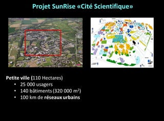 Petite	ville	(110	Hectares)
• 25	000	usagers
• 140	bâtiments	(320	000	m2)
• 100	km	de	réseaux	urbains
Projet	SunRise	«Cité...