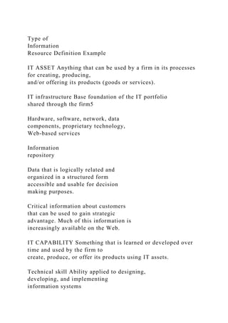 Type of
Information
Resource Definition Example
IT ASSET Anything that can be used by a firm in its processes
for creating, producing,
and/or offering its products (goods or services).
IT infrastructure Base foundation of the IT portfolio
shared through the firm5
Hardware, software, network, data
components, proprietary technology,
Web-based services
Information
repository
Data that is logically related and
organized in a structured form
accessible and usable for decision
making purposes.
Critical information about customers
that can be used to gain strategic
advantage. Much of this information is
increasingly available on the Web.
IT CAPABILITY Something that is learned or developed over
time and used by the firm to
create, produce, or offer its products using IT assets.
Technical skill Ability applied to designing,
developing, and implementing
information systems
 