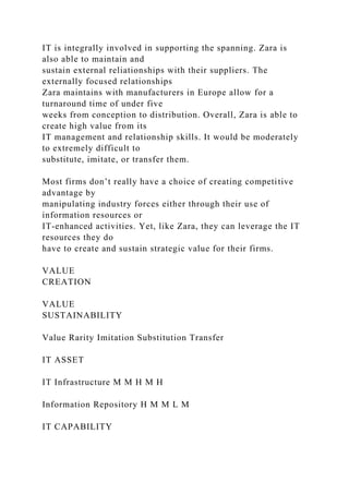 IT is integrally involved in supporting the spanning. Zara is
also able to maintain and
sustain external reliationships with their suppliers. The
externally focused relationships
Zara maintains with manufacturers in Europe allow for a
turnaround time of under five
weeks from conception to distribution. Overall, Zara is able to
create high value from its
IT management and relationship skills. It would be moderately
to extremely difficult to
substitute, imitate, or transfer them.
Most firms don’t really have a choice of creating competitive
advantage by
manipulating industry forces either through their use of
information resources or
IT-enhanced activities. Yet, like Zara, they can leverage the IT
resources they do
have to create and sustain strategic value for their firms.
VALUE
CREATION
VALUE
SUSTAINABILITY
Value Rarity Imitation Substitution Transfer
IT ASSET
IT Infrastructure M M H M H
Information Repository H M M L M
IT CAPABILITY
 