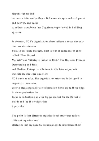 responsiveness and
necessary information flows. It focuses on system development
and delivery and seeks
to address a problem that Cognizant experienced in buliding
systems.
In contrast, TCS’s organization chart reflects a focus not only
on current customers
but also on future markets. That is why it added major units
called “New Growth
Markets” and “Strategic Initiative Unit.” The Business Process
Outsourcing and Small
and Medium Enterprise solutions in this later major unit
indicate the strategic directions
TCS wants to take. The organization structure is designed to
emphasize these new
growth areas and facilitate information flows along these lines
in the organization. Its
focus is on building an ever bigger market for the IS that it
builds and the IS services that
it provides.
The point is that different organizational structures reflect
different organizational
strategies that are used by organizations to implement their
 