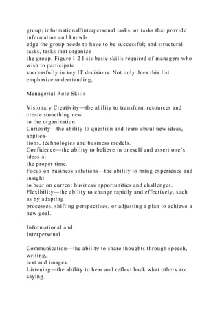 group; informational/interpersonal tasks, or tasks that provide
information and knowl-
edge the group needs to have to be successful; and structural
tasks, tasks that organize
the group. Figure I-2 lists basic skills required of managers who
wish to participate
successfully in key IT decisions. Not only does this list
emphasize understanding,
Managerial Role Skills
Visionary Creativity—the ability to transform resources and
create something new
to the organization.
Curiosity—the ability to question and learn about new ideas,
applica-
tions, technologies and business models.
Confidence—the ability to believe in oneself and assert one’s
ideas at
the proper time.
Focus on business solutions—the ability to bring experience and
insight
to bear on current business opportunities and challenges.
Flexibility—the ability to change rapidly and effectively, such
as by adapting
processes, shifting perspectives, or adjusting a plan to achieve a
new goal.
Informational and
Interpersonal
Communication—the ability to share thoughts through speech,
writing,
text and images.
Listening—the ability to hear and reflect back what others are
saying.
 
