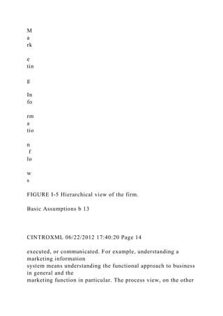 M
a
rk
e
tin
g
In
fo
rm
a
tio
n
f
lo
w
s
FIGURE I-5 Hierarchical view of the firm.
Basic Assumptions b 13
CINTROXML 06/22/2012 17:40:20 Page 14
executed, or communicated. For example, understanding a
marketing information
system means understanding the functional approach to business
in general and the
marketing function in particular. The process view, on the other
 