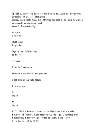 specific, objective facts or observations, such as “inventory
contains 45 units.” Standing
alone, such facts have no intrinsic meaning, but can be easily
captured, transmitted, and
stored electronically.
Inbound
Logistics
Outbound
Logistics
Operations Marketing
& Sales
Service
Firm Infrastructure
Human Resource Management
Technology Development
Procurement
M
argin
M
argin
FIGURE I-6 Process view of the firm: the value chain.
Source: M. Porter, Competitive Advantage: Creating and
Sustaining Superior Performance (New York: The
Free Press, 1985, 1998).
 