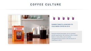 C O F F E E C U L T U R E
DUNKIN’ DONUTS LAUNCHED ITS
COLD BREW COFFEE IN 2016
Espresso-based beverages, are our greatest
growth opportunity. We continue to be a market
leader in iced coffee, and we further
strengthened this position with the launch of
Cold Brew in 2016.
 