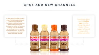 C P G s A N D N E W C H A N N E L S
In 2016, DD announced the launch of
a line of branded ready-to-drink iced
coffee beverages in the U.S.
The ready-to-drink bottled iced coffee,
which is being manufactured,
distributed and sold by The Coca-Cola
Company along with its bottling
partners, began arriving in January
2017 in grocery chains, gas, drug and
convenience stores, and Dunkin’
Donuts restaurants nationally.
Expecting to deliver
nearly 2.6 billion
cups of coffee
through the sale of
Dunkin’ K-Cups,
bagged coffee, and
ready-to-drink
bottled iced coffee
 