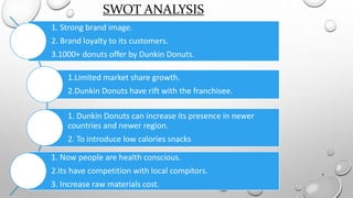1. Strong brand image.
2. Brand loyalty to its customers.
3.1000+ donuts offer by Dunkin Donuts.
1.Limited market share growth.
2.Dunkin Donuts have rift with the franchisee.
1. Dunkin Donuts can increase its presence in newer
countries and newer region.
2. To introduce low calories snacks
1. Now people are health conscious.
2.Its have competition with local compitors.
3. Increase raw materials cost.
S
W
O
T
SWOT ANALYSIS
7
 