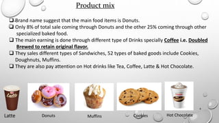 Product mix
 Brand name suggest that the main food items is Donuts.
 Only 8% of total sale coming through Donuts and the other 25% coming through other
specialized baked food.
 The main earning is done through different type of Drinks specially Coffee i.e. Doubled
Brewed to retain original flavor.
 They sales different types of Sandwiches, 52 types of baked goods include Cookies,
Doughnuts, Muffins.
 They are also pay attention on Hot drinks like Tea, Coffee, Latte & Hot Chocolate.
Latte Donuts Muffins Cookies Hot Chocolate
8
 