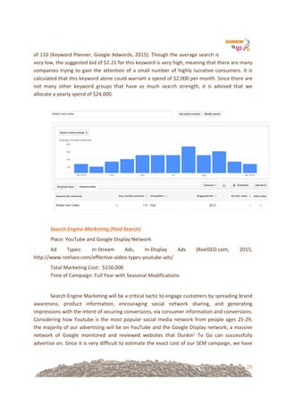 25
of!110!(Keyword!Planner,!Google!Adwords,!2015).!Though!the!average!search!is!
very!low,!the!suggested!bid!of!$2.21!for!this!keyword!is!very!high,!meaning!that!there!are!many!
companies!trying!to!gain!the!attention!of!a!small!number!of!highly!lucrative!consumers.!It!is!
calculated!that!this!keyword!alone!could!warrant!a!spend!of!$2,000!per!month.!Since!there!are!
not! many! other! keyword! groups! that! have! as! much! search! strength,! it! is! advised! that! we!
allocate!a!yearly!spend!of!$24,000.!!
!
!
!
Search'Engine'Marketing'(Paid'Search)%
Place:!YouTube!and!Google!Display!Network!!
Ad! Types:! In=Stream! Ads,! In=Display! Ads! (ReelSEO.com,! 2015,!
http://www.reelseo.com/effective=video=types=youtube=ads/!
Total!Marketing!Cost:!!$150,000!
Time!of!Campaign:!Full!Year!with!Seasonal!Modifications!
!
Search!Engine!Marketing!will!be!a!critical!tactic!to!engage!customers!by!spreading!brand!
awareness,! product! information,! encouraging! social! network! sharing,! and! generating!
impressions!with!the!intent!of!securing!conversions,!via!consumer!information!and!conversions.!
Considering!how!Youtube!is!the!most!popular!social!media!network!from!people!ages!25=29,!
the!majority!of!our!advertising!will!be!on!YouTube!and!the!Google!Display!network;!a!massive!
network! of! Google! monitored! and! reviewed! websites! that! Dunkin’! To! Go! can! successfully!
advertise!on.!Since!it!is!very!difficult!to!estimate!the!exact!cost!of!our!SEM!campaign,!we!have!
 