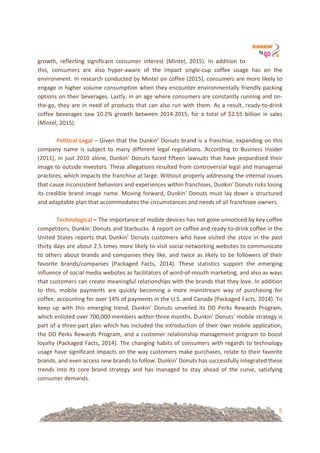 5
growth,! reflecting! significant! consumer! interest! (Mintel,! 2015).! In! addition! to!
this,! consumers! are! also! hyper=aware! of! the! impact! single=cup! coffee! usage! has! on! the!
environment.!In!research!conducted!by!Mintel!on!coffee!(2015),!consumers!are!more!likely!to!
engage!in!higher!volume!consumption!when!they!encounter!environmentally!friendly!packing!
options!on!their!beverages.!Lastly,!in!an!age!where!consumers!are!constantly!running!and!on=
the=go,!they!are!in!need!of!products!that!can!also!run!with!them.!As!a!result,!ready=to=drink!
coffee!beverages!saw!10.2%!growth!between!2014=2015,!for!a!total!of!$2.55!billion!in!sales!
(Mintel,!2015).!!!
!
PoliticalULegal!–!Given!that!the!Dunkin’!Donuts!brand!is!a!franchise,!expanding!on!this!
company! name! is! subject! to! many! different! legal! regulations.! According! to! Business! Insider!
(2011),!in!just!2010!alone,!Dunkin’!Donuts!faced!fifteen!lawsuits!that!have!jeopardized!their!
image!to!outside!investors.!These!allegations!resulted!from!controversial!legal!and!managerial!
practices,!which!impacts!the!franchise!at!large.!Without!properly!addressing!the!internal!issues!
that!cause!inconsistent!behaviors!and!experiences!within!franchises,!Dunkin’!Donuts!risks!losing!
its!credible!brand!image!name.!Moving!forward,!Dunkin’!Donuts!must!lay!down!a!structured!
and!adaptable!plan!that!accommodates!the!circumstances!and!needs!of!all!franchisee!owners.!!
!
Technological&–&The!importance!of!mobile!devices!has!not!gone!unnoticed!by!key!coffee!
competitors,!Dunkin’!Donuts!and!Starbucks.!A!report!on!coffee!and!ready=to=drink!coffee!in!the!
United!States!reports!that!Dunkin’!Donuts!customers!who!have!visited!the!store!in!the!past!
thirty!days!are!about!2.5!times!more!likely!to!visit!social!networking!websites!to!communicate!
to!others!about!brands!and!companies!they!like,!and!twice!as!likely!to!be!followers!of!their!
favorite! brands/companies! (Packaged! Facts,! 2014).! These! statistics! support! the! emerging!
influence!of!social!media!websites!as!facilitators!of!word=of=mouth!marketing,!and!also!as!ways!
that!customers!can!create!meaningful!relationships!with!the!brands!that!they!love.!In!addition!
to! this,! mobile! payments! are! quickly! becoming! a! more! mainstream! way! of! purchasing! for!
coffee,!accounting!for!over!14%!of!payments!in!the!U.S.!and!Canada!(Packaged!Facts,!2014).!To!
keep! up! with! this! emerging! trend,! Dunkin’! Donuts! unveiled! its! DD! Perks! Rewards! Program,!
which!enlisted!over!700,000!members!within!three!months.!Dunkin’!Donuts’!mobile!strategy!is!
part!of!a!three=part!plan!which!has!included!the!introduction!of!their!own!mobile!application,!
the!DD!Perks!Rewards!Program,!and!a!customer!relationship!management!program!to!boost!
loyalty!(Packaged!Facts,!2014).!The!changing!habits!of!consumers!with!regards!to!technology!
usage!have!significant!impacts!on!the!way!customers!make!purchases,!relate!to!their!favorite!
brands,!and!even!access!new!brands!to!follow.!Dunkin’!Donuts!has!successfully!integrated!these!
trends! into! its! core! brand! strategy! and! has! managed! to! stay! ahead! of! the! curve,! satisfying!
consumer!demands.!!
!
 