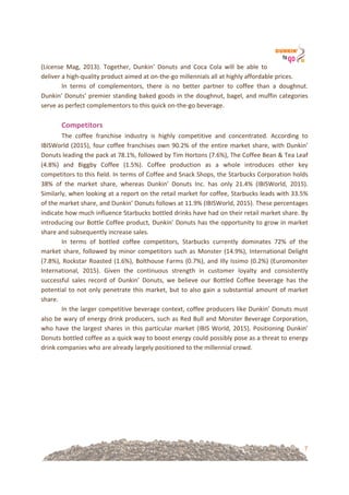 7
(License! Mag,! 2013).! Together,! Dunkin’! Donuts! and! Coca! Cola! will! be! able! to!
deliver!a!high=quality!product!aimed!at!on=the=go!millennials!all!at!highly!affordable!prices.!
In! terms! of! complementors,! there! is! no! better! partner! to! coffee! than! a! doughnut.!
Dunkin’!Donuts’!premier!standing!baked!goods!in!the!doughnut,!bagel,!and!muffin!categories!
serve!as!perfect!complementors!to!this!quick!on=the=go!beverage.!!
!
Competitors!!
The! coffee! franchise! industry! is! highly! competitive! and! concentrated.! According! to!
IBISWorld!(2015),!four!coffee!franchises!own!90.2%!of!the!entire!market!share,!with!Dunkin’!
Donuts!leading!the!pack!at!78.1%,!followed!by!Tim!Hortons!(7.6%),!The!Coffee!Bean!&!Tea!Leaf!
(4.8%)! and! Biggby! Coffee! (1.5%).! Coffee! production! as! a! whole! introduces! other! key!
competitors!to!this!field.!In!terms!of!Coffee!and!Snack!Shops,!the!Starbucks!Corporation!holds!
38%! of! the! market! share,! whereas! Dunkin’! Donuts! Inc.! has! only! 21.4%! (IBISWorld,! 2015).!
Similarly,!when!looking!at!a!report!on!the!retail!market!for!coffee,!Starbucks!leads!with!33.5%!
of!the!market!share,!and!Dunkin’!Donuts!follows!at!11.9%!(IBISWorld,!2015).!These!percentages!
indicate!how!much!influence!Starbucks!bottled!drinks!have!had!on!their!retail!market!share.!By!
introducing!our!Bottle!Coffee!product,!Dunkin’!Donuts!has!the!opportunity!to!grow!in!market!
share!and!subsequently!increase!sales.!!
In! terms! of! bottled! coffee! competitors,! Starbucks! currently! dominates! 72%! of! the!
market!share,!followed!by!minor!competitors!such!as!Monster!(14.9%),!International!Delight!
(7.8%),!Rockstar!Roasted!(1.6%),!Bolthouse!Farms!(0.7%),!and!Illy!Issimo!(0.2%)!(Euromoniter!
International,! 2015).! Given! the! continuous! strength! in! customer! loyalty! and! consistently!
successful! sales! record! of! Dunkin’! Donuts,! we! believe! our! Bottled! Coffee! beverage! has! the!
potential!to!not!only!penetrate!this!market,!but!to!also!gain!a!substantial!amount!of!market!
share.!!
In!the!larger!competitive!beverage!context,!coffee!producers!like!Dunkin’!Donuts!must!
also!be!wary!of!energy!drink!producers,!such!as!Red!Bull!and!Monster!Beverage!Corporation,!
who!have!the!largest!shares!in!this!particular!market!(IBIS!World,!2015).!Positioning!Dunkin’!
Donuts!bottled!coffee!as!a!quick!way!to!boost!energy!could!possibly!pose!as!a!threat!to!energy!
drink!companies!who!are!already!largely!positioned!to!the!millennial!crowd.!!
!
&
&
&
&
&
&
&
 
