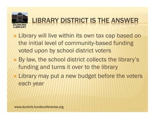 www.dunkirk.fundourlibraries.org
LIBRARY DISTRICT IS THE ANSWER
 Library will live within its own tax cap based on
the initial level of community-based funding
voted upon by school district voters
 By law, the school district collects the library’s
funding and turns it over to the library
 Library may put a new budget before the voters
each year
 