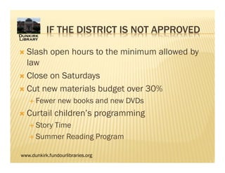 www.dunkirk.fundourlibraries.org
IF THE DISTRICT IS NOT APPROVED
 Slash open hours to the minimum allowed by
law
 Close on Saturdays
 Cut new materials budget over 30%
 Fewer new books and new DVDs
 Curtail children’s programming
 Story Time
 Summer Reading Program
 