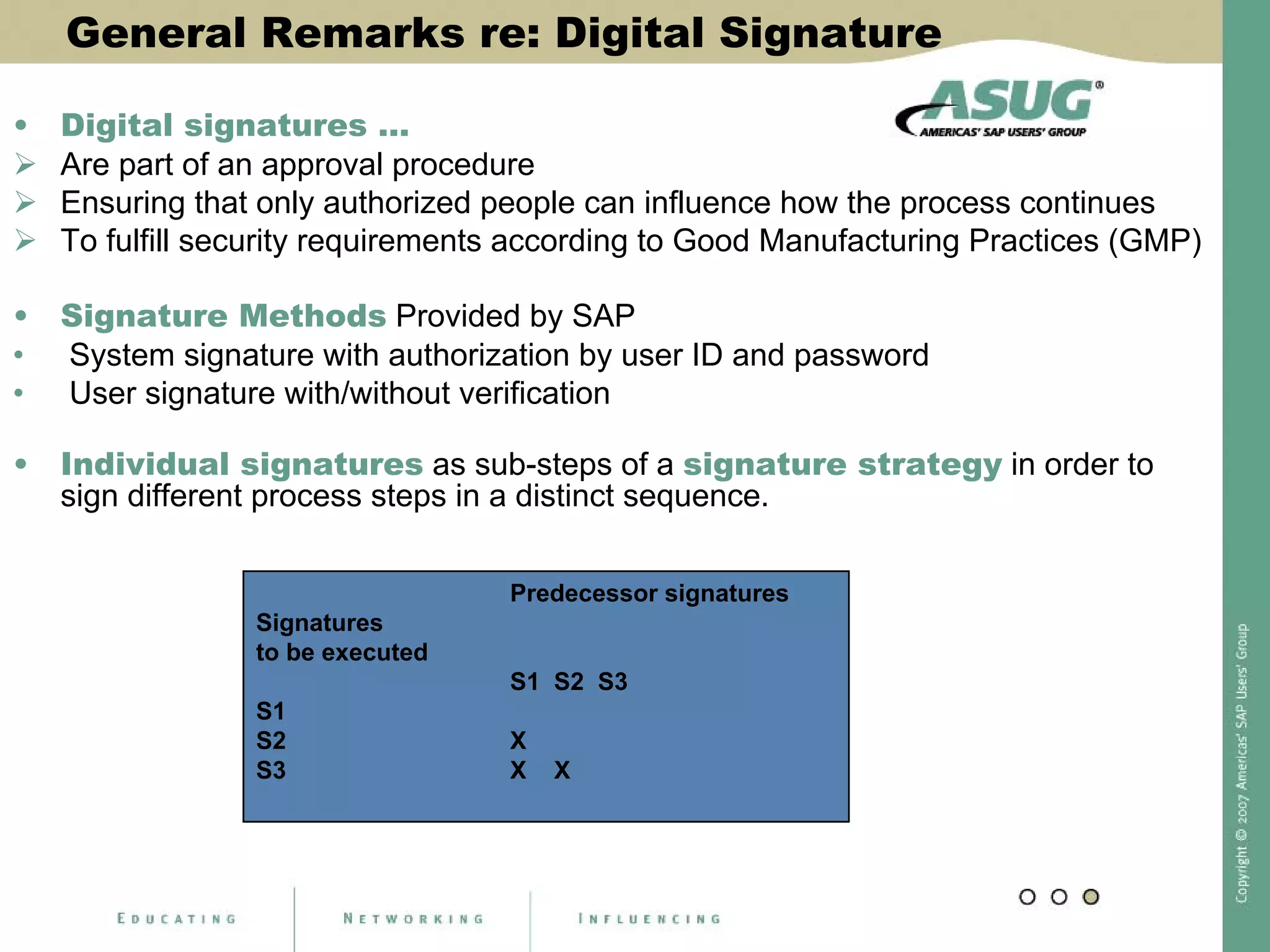 General Remarks re: Digital Signature
• Digital signatures …
Are part of an approval procedure
Ensuring that only authorized people can influence how the process continues
To fulfill security requirements according to Good Manufacturing Practices (GMP)
• Signature Methods Provided by SAP
• System signature with authorization by user ID and password
• User signature with/without verification
• Individual signatures as sub-steps of a signature strategy in order to
sign different process steps in a distinct sequence.
Predecessor signatures
Signatures
to be executed
S1 S2 S3
S1
S2 X
S3 X X
 