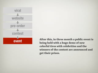 viral

website

pre-order

contest
            After this, in three month a public event is
 event      being held with a huge demo of new
            colorful tires with celebrities and the
            winners of the contest are announced and
            get their prizes.
 